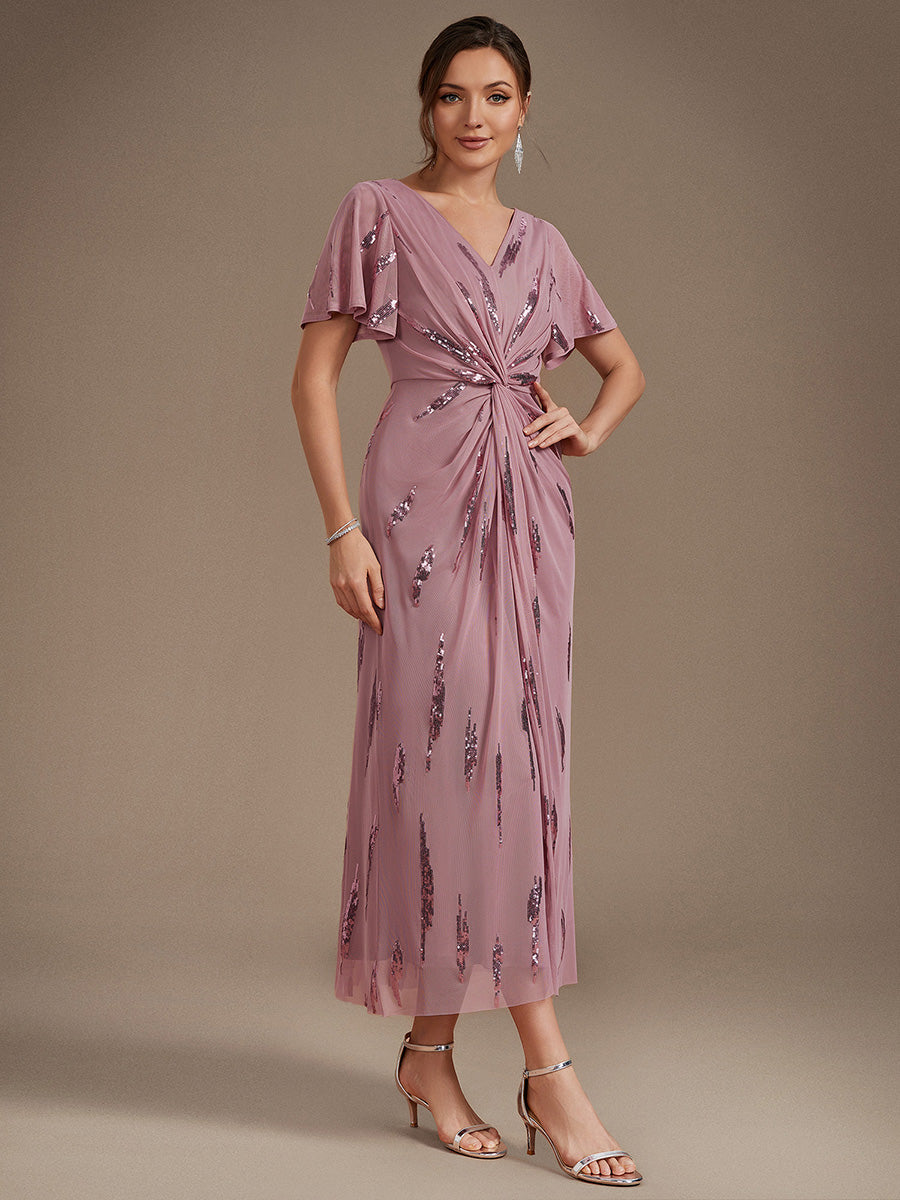 Tea Länge V Ausschnitt Etui Kleid Aus Tüll Mit Pailletten Und Schlitz Zum Binden Kleid #Farbe_Orchideenviolett