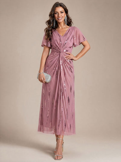 Tea Länge V Ausschnitt Etui Kleid Aus Tüll Mit Pailletten Und Schlitz Zum Binden Kleid #Farbe_Orchideenviolett