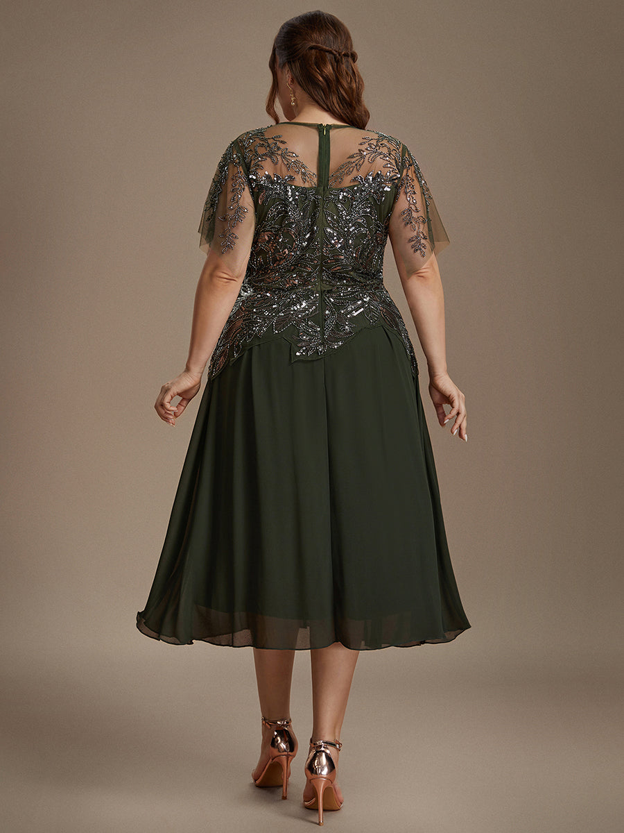 Midi Tea Länge A Linie Kleid Runder Ausschnitt Tüll Pailletten Volants Perlenbesetzt Kleid #Farbe_Olivgrün