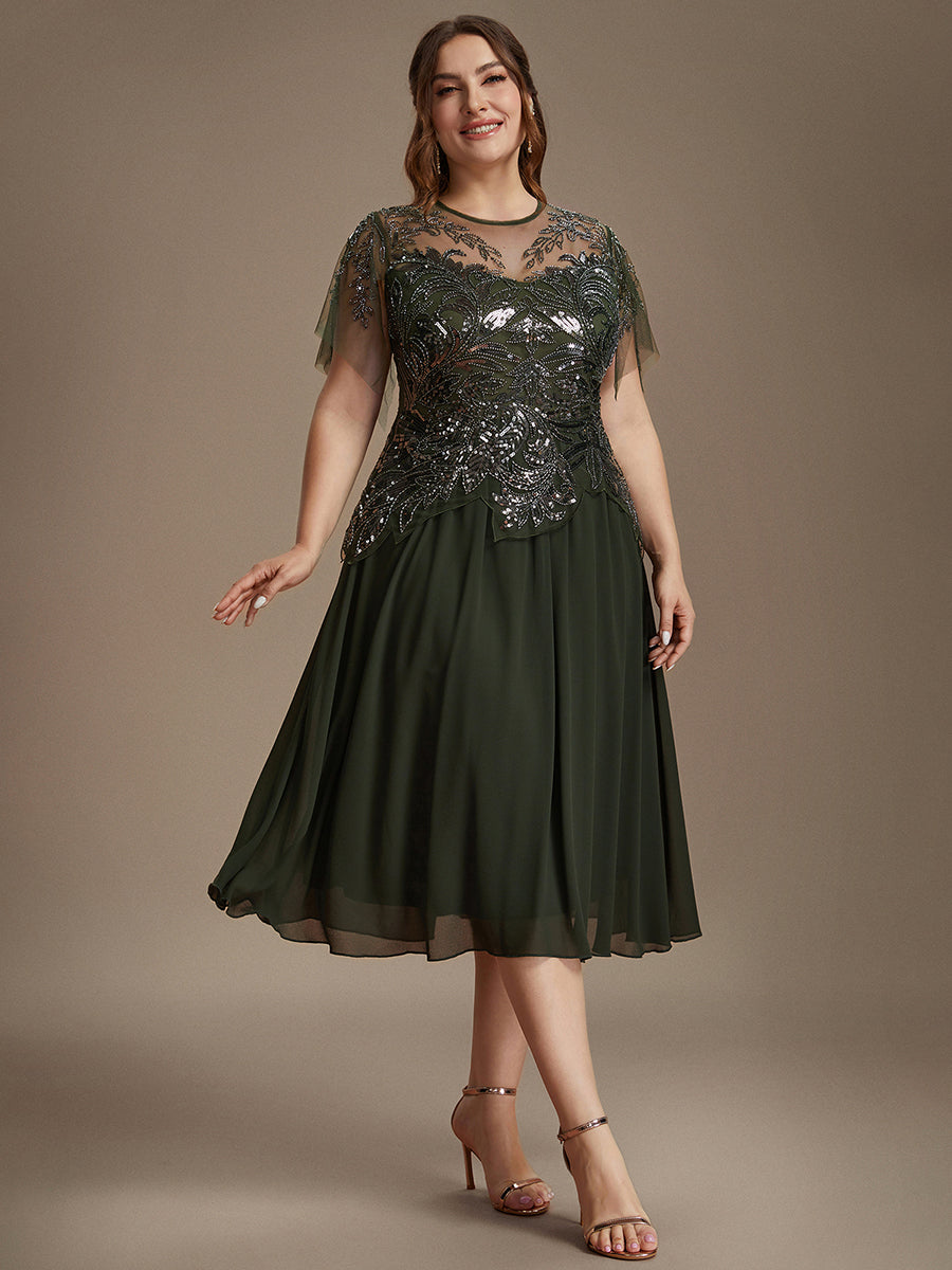 Midi Tea Länge A Linie Kleid Runder Ausschnitt Tüll Pailletten Volants Perlenbesetzt Kleid #Farbe_Olivgrün