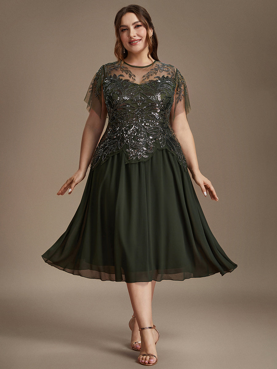 Midi Tea Länge A Linie Kleid Runder Ausschnitt Tüll Pailletten Volants Perlenbesetzt Kleid #Farbe_Olivgrün