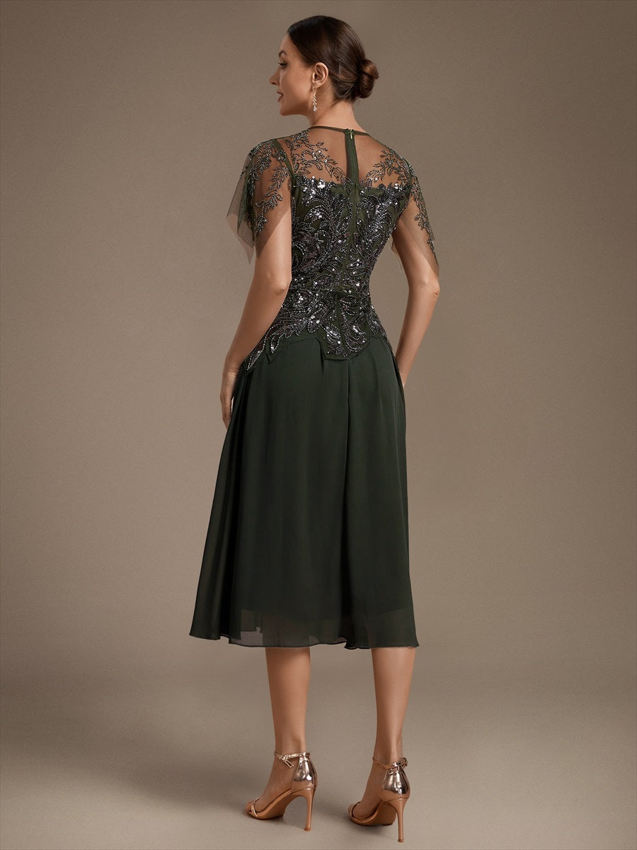 Midi Tea Länge A Linie Kleid Runder Ausschnitt Tüll Pailletten Volants Perlenbesetzt Kleid #Farbe_Olivgrün
