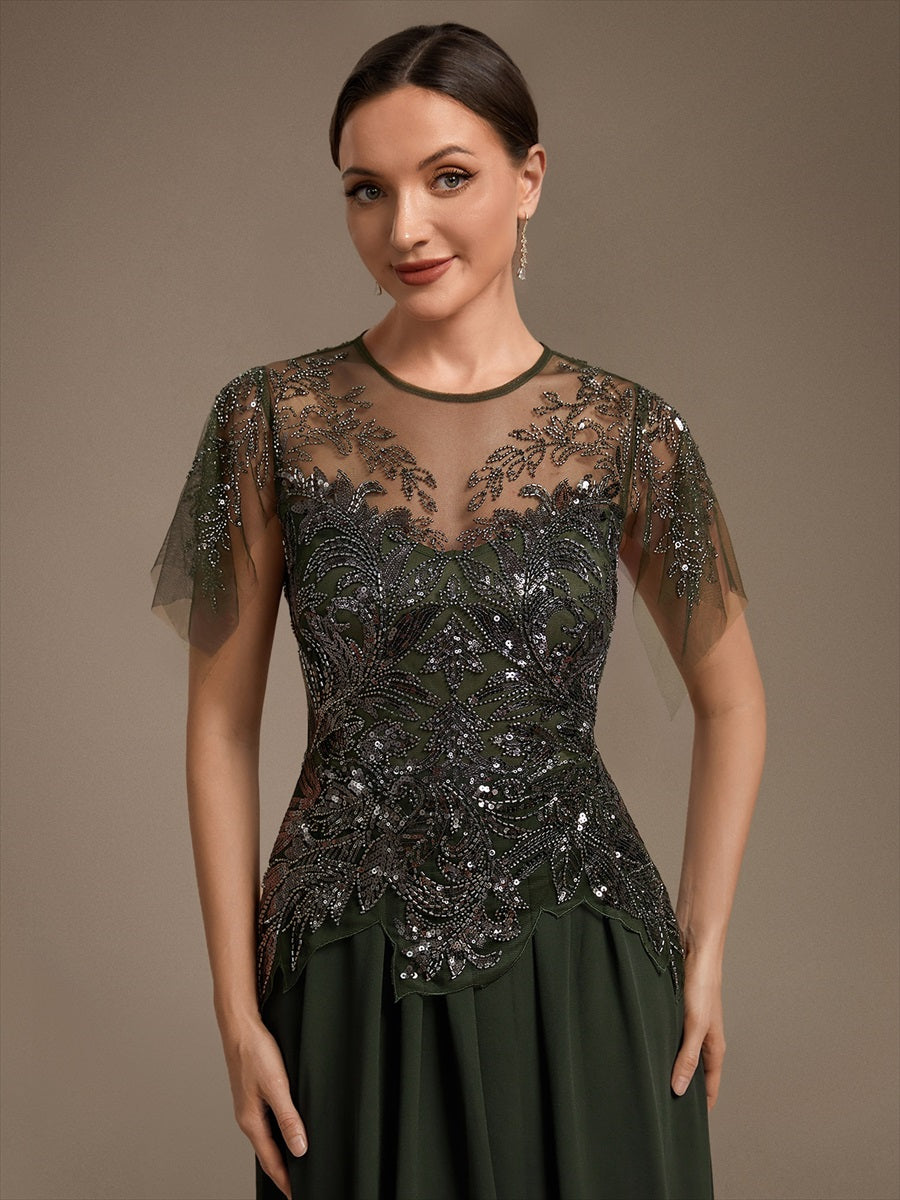Midi Tea Länge A Linie Kleid Runder Ausschnitt Tüll Pailletten Volants Perlenbesetzt Kleid #Farbe_Olivgrün