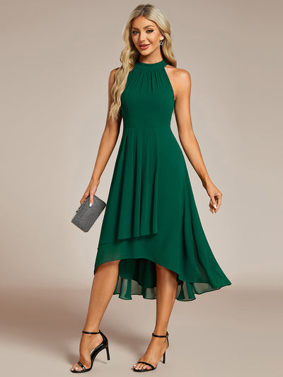Hochtief Halterneck A-Linie Chiffon Kleid Mit Raffungen #Farbe_Dunkelgrün