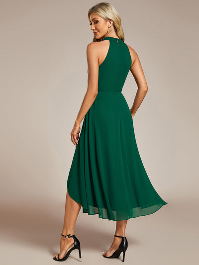 Hochtief Halterneck A-Linie Chiffon Kleid Mit Raffungen #Farbe_Dunkelgrün