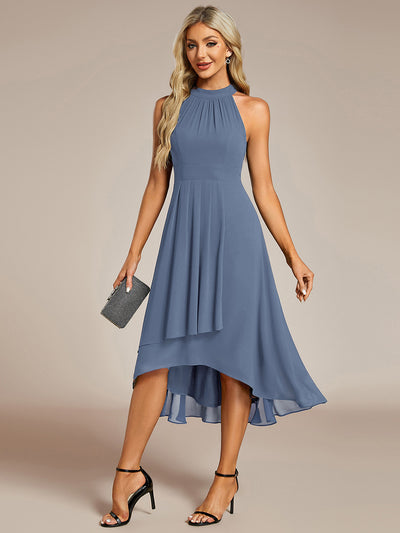 Hochtief Halterneck A-Linie Chiffon Kleid Mit Raffungen #Farbe_Taubenblau