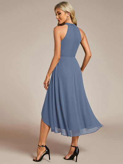 Hochtief Halterneck A-Linie Chiffon Kleid Mit Raffungen #Farbe_Taubenblau