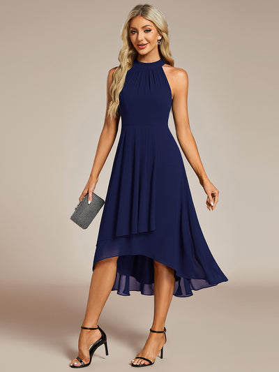 Hochtief Halterneck A-Linie Chiffon Kleid Mit Raffungen #Farbe_Marineblau