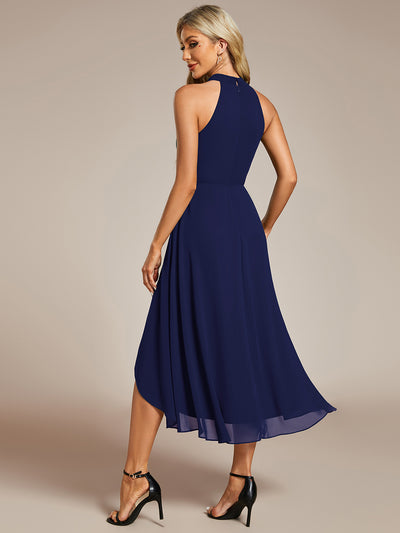 Hochtief Halterneck A-Linie Chiffon Kleid Mit Raffungen #Farbe_Marineblau