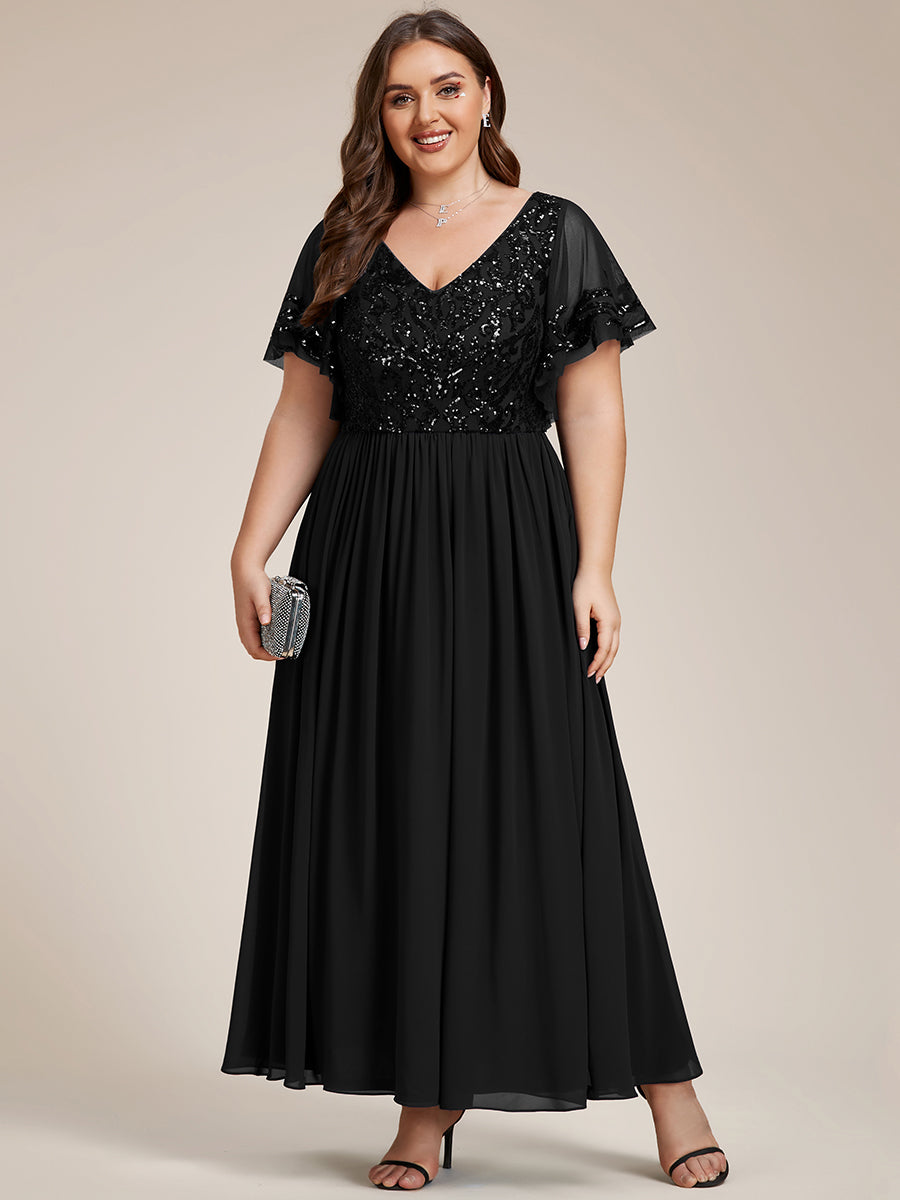 Größe Nach Maß V-Ausschnitt Kurzarm Pailletten Mieder Kleid für die Brautmutter #farbe_Schwarz