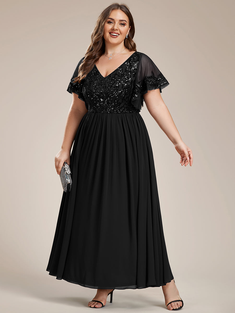 Größe Nach Maß V-Ausschnitt Kurzarm Pailletten Mieder Kleid für die Brautmutter #farbe_Schwarz