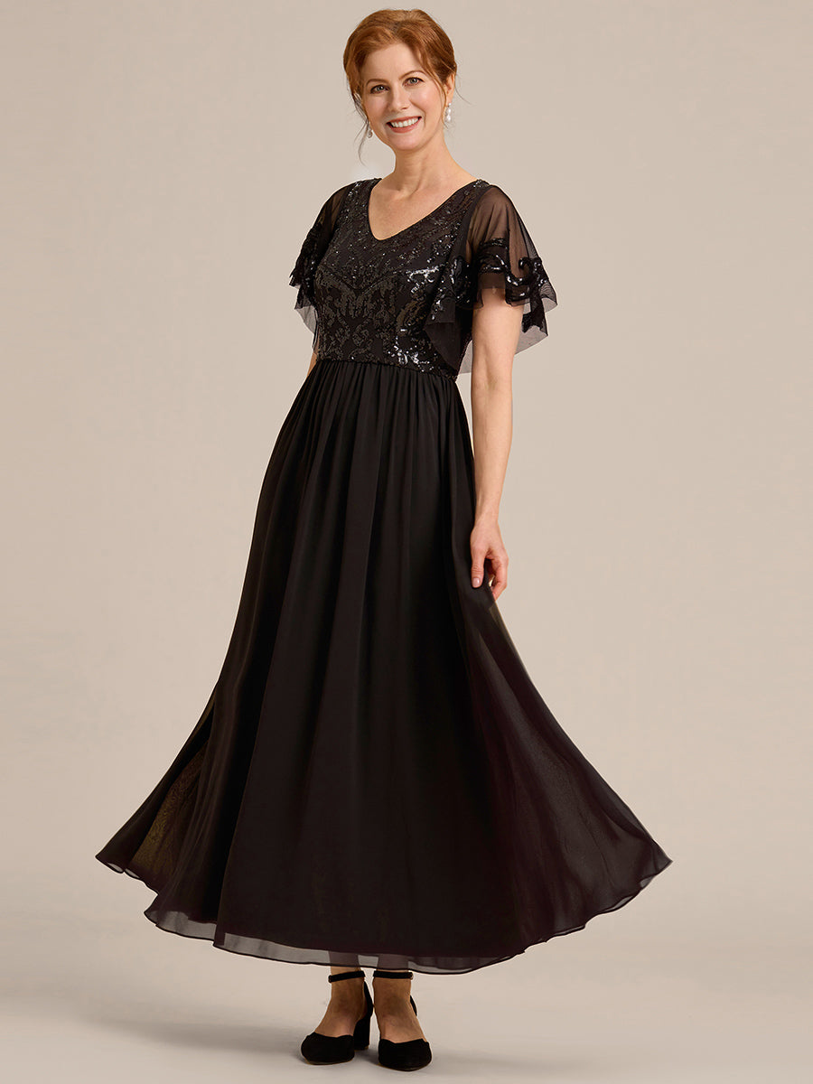 Größe Nach Maß V-Ausschnitt Kurzarm Pailletten Mieder Kleid für die Brautmutter #farbe_Schwarz