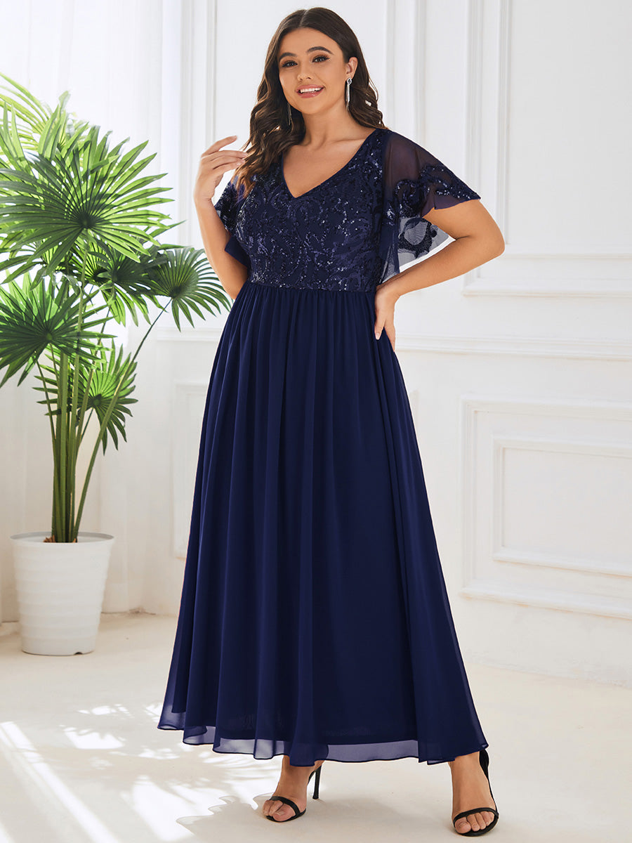 Größe Nach Maß V-Ausschnitt Kurzarm Pailletten Mieder Kleid für die Brautmutter #farbe_Marineblau