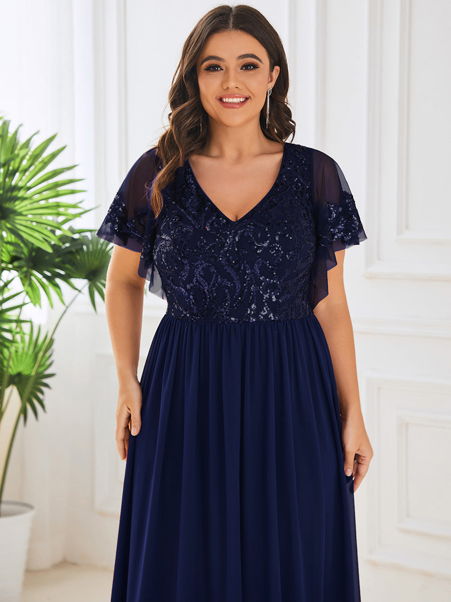 Größe Nach Maß V-Ausschnitt Kurzarm Pailletten Mieder Kleid für die Brautmutter #farbe_Marineblau