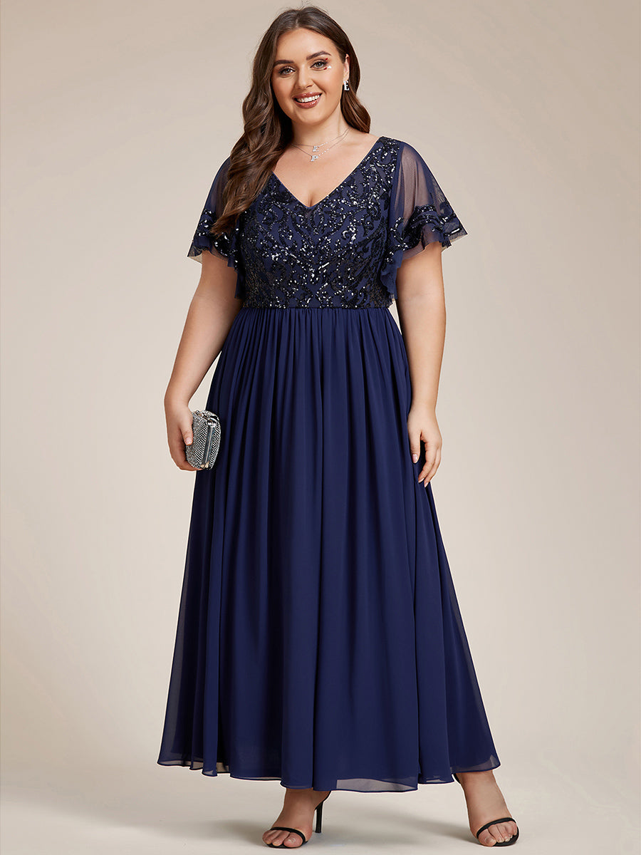 Größe Nach Maß V-Ausschnitt Kurzarm Pailletten Mieder Kleid für die Brautmutter #farbe_Marineblau