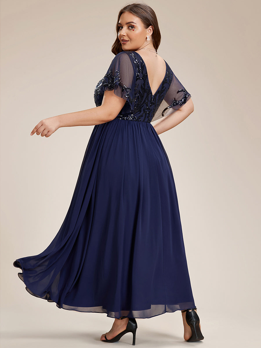 Größe Nach Maß V-Ausschnitt Kurzarm Pailletten Mieder Kleid für die Brautmutter #farbe_Marineblau