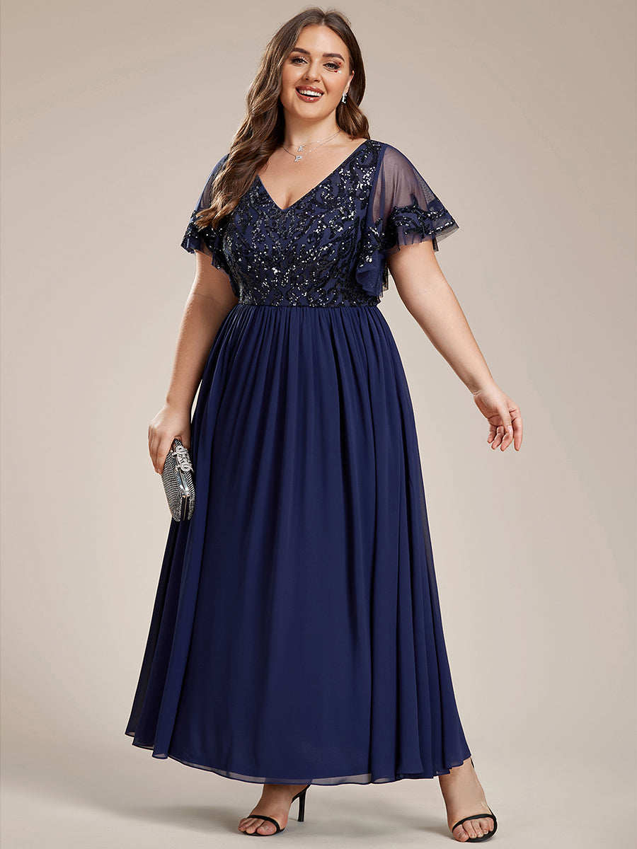 Größe Nach Maß V-Ausschnitt Kurzarm Pailletten Mieder Kleid für die Brautmutter #farbe_Marineblau