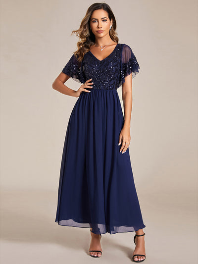 Größe Nach Maß V-Ausschnitt Kurzarm Pailletten Mieder Kleid für die Brautmutter #farbe_Marineblau