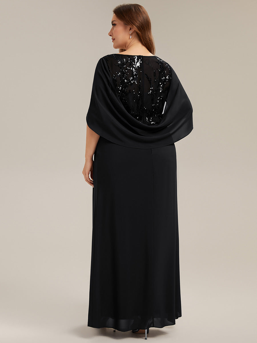Maxi Chiffon A-Linie Kleid Mit Rundhalsausschnitt Raffung Und Durchsichtiger Cowl Neck Detail #Farbe_Schwarz