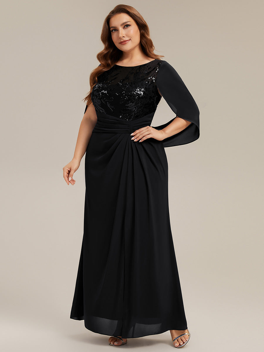 Maxi Chiffon A-Linie Kleid Mit Rundhalsausschnitt Raffung Und Durchsichtiger Cowl Neck Detail #Farbe_Schwarz