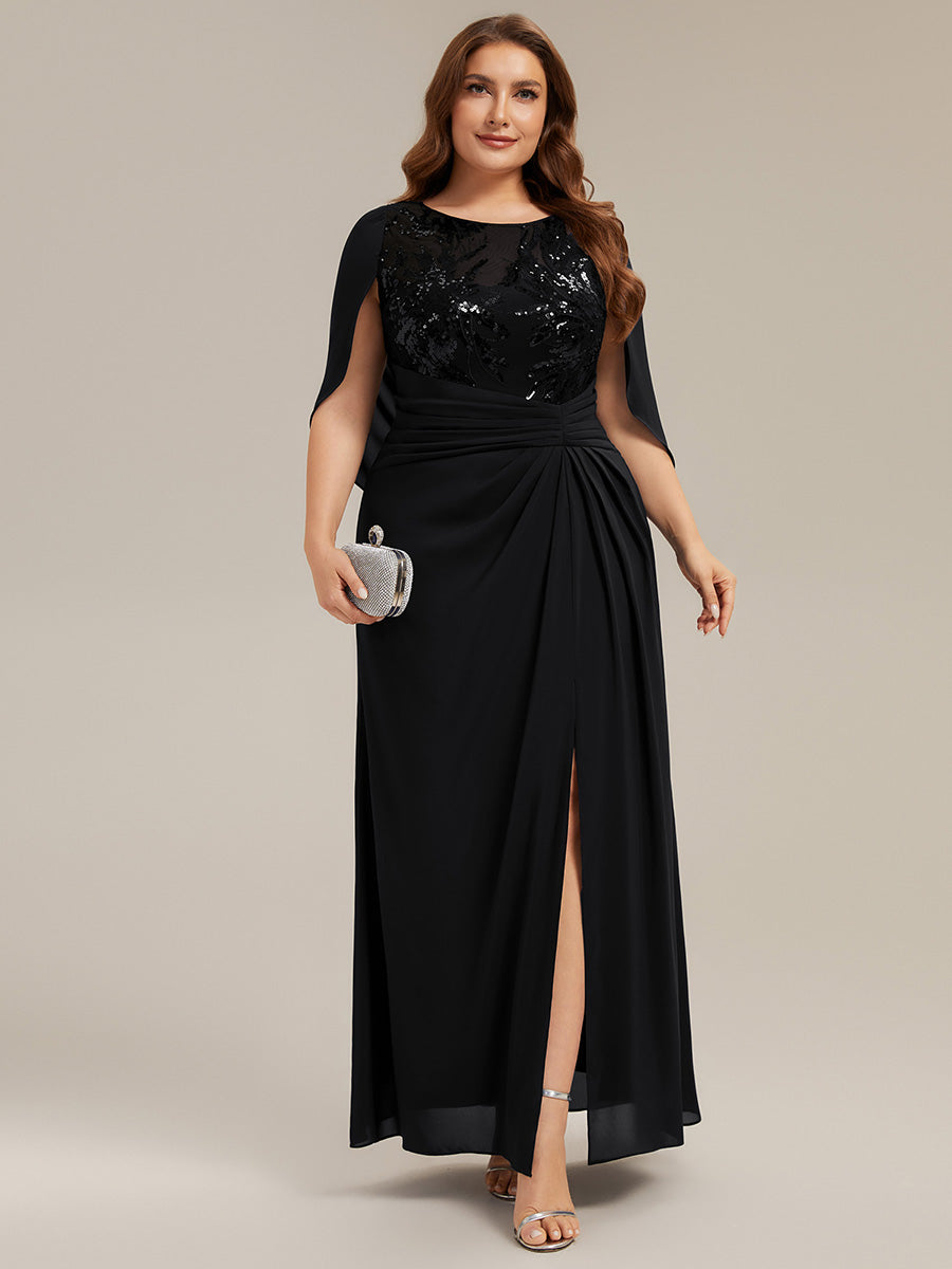 Maxi Chiffon A-Linie Kleid Mit Rundhalsausschnitt Raffung Und Durchsichtiger Cowl Neck Detail #Farbe_Schwarz