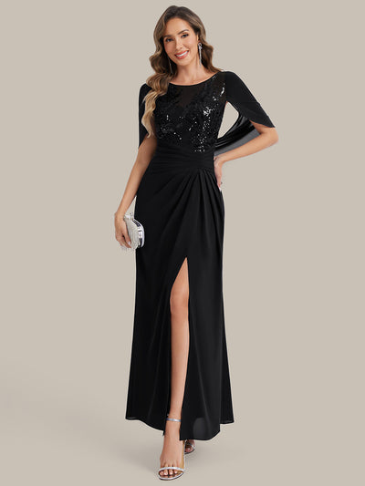 Maxi Chiffon A-Linie Kleid Mit Rundhalsausschnitt Raffung Und Durchsichtiger Cowl Neck Detail #Farbe_Schwarz