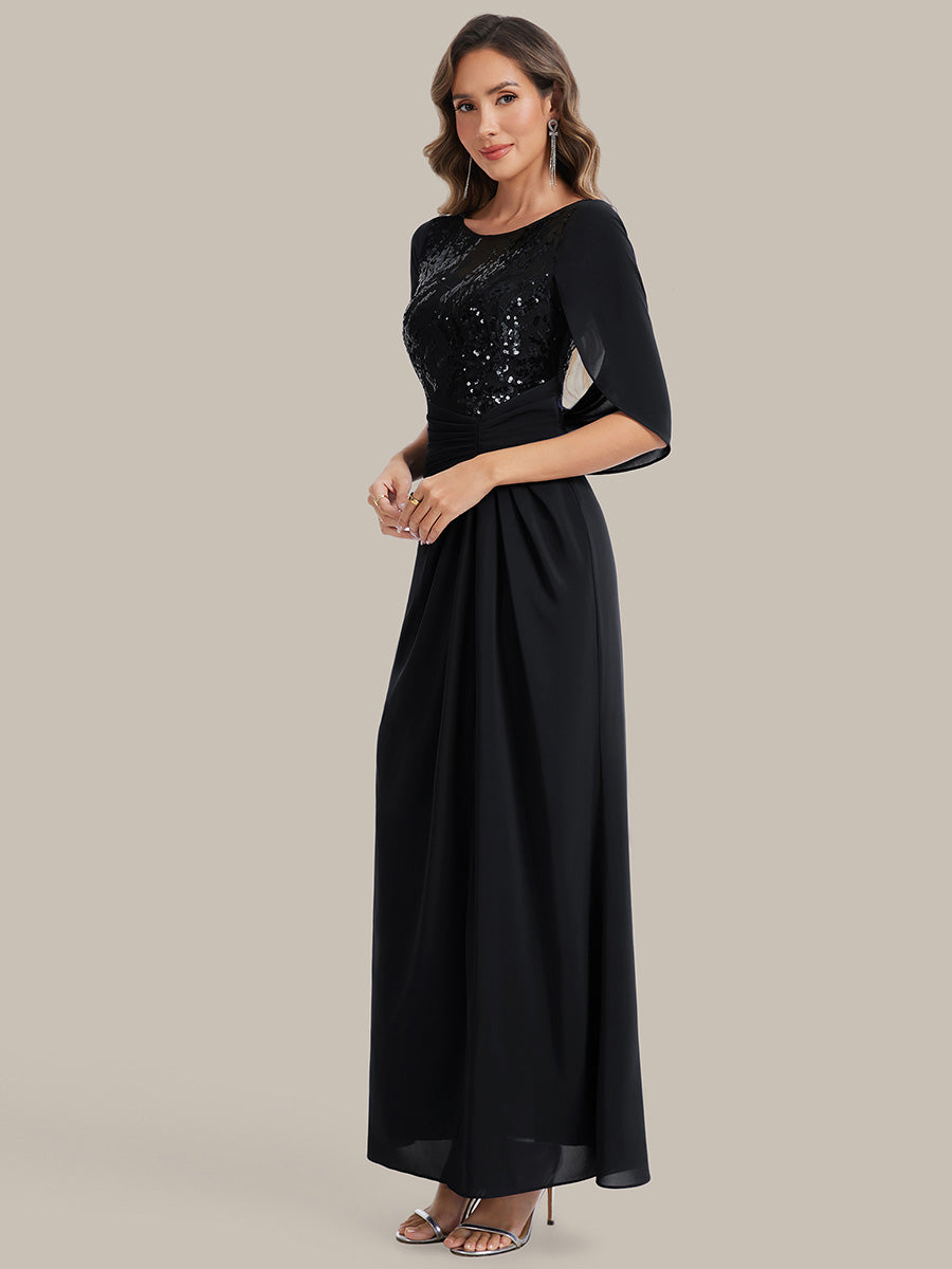Maxi Chiffon A-Linie Kleid Mit Rundhalsausschnitt Raffung Und Durchsichtiger Cowl Neck Detail #Farbe_Schwarz