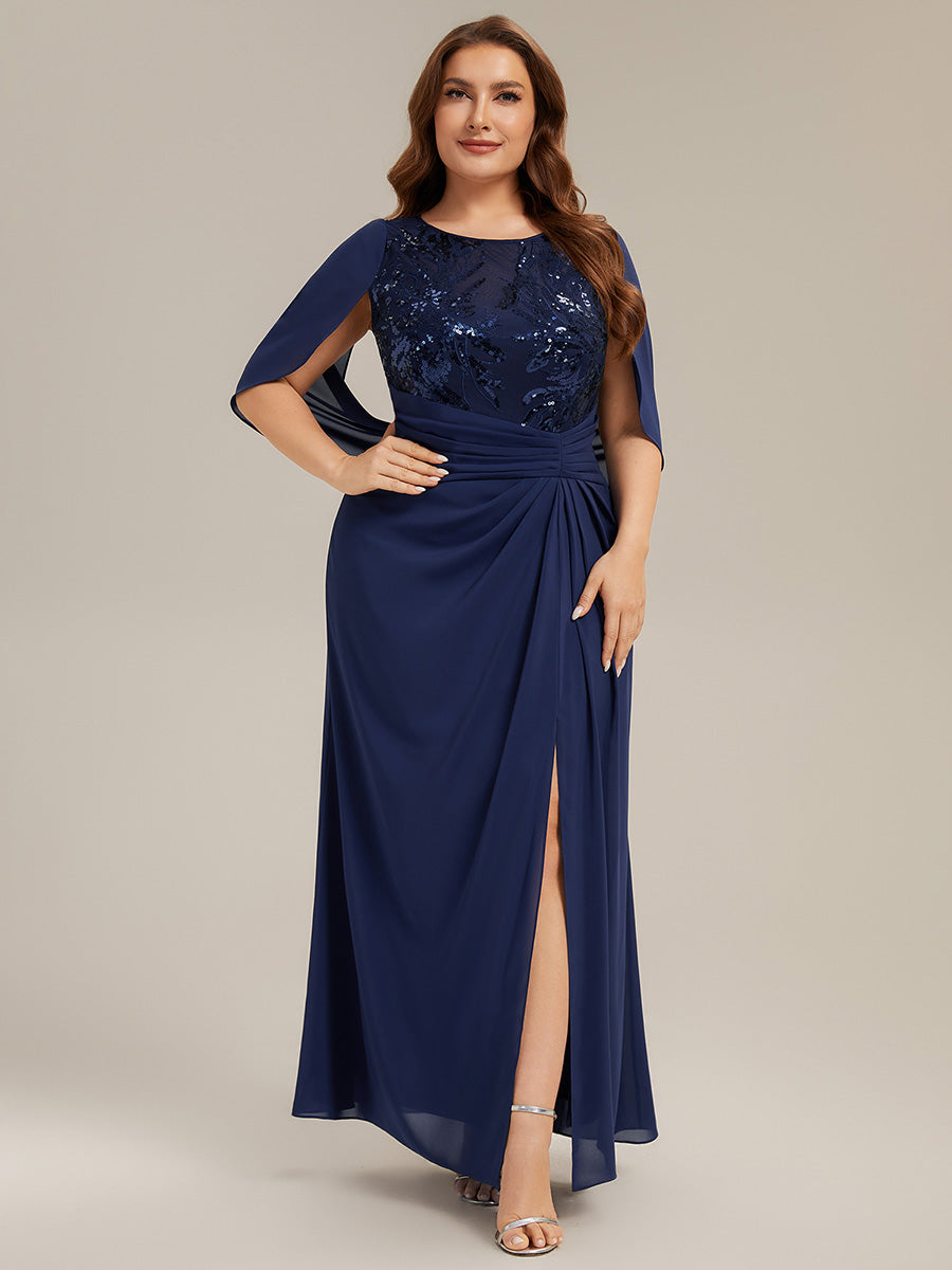 Maxi Chiffon A-Linie Kleid Mit Rundhalsausschnitt Raffung Und Durchsichtiger Cowl Neck Detail #Farbe_Marineblau