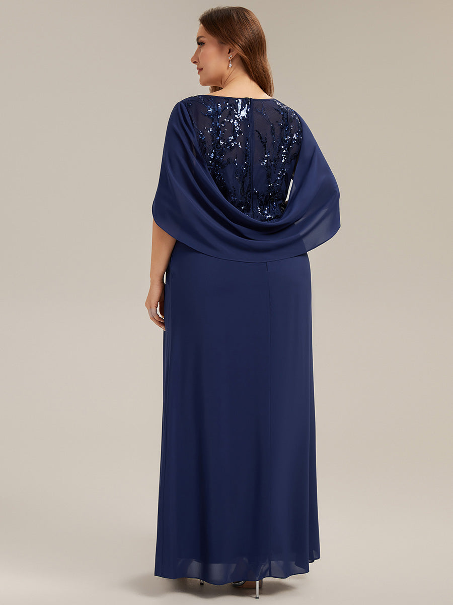 Maxi Chiffon A-Linie Kleid Mit Rundhalsausschnitt Raffung Und Durchsichtiger Cowl Neck Detail #Farbe_Marineblau