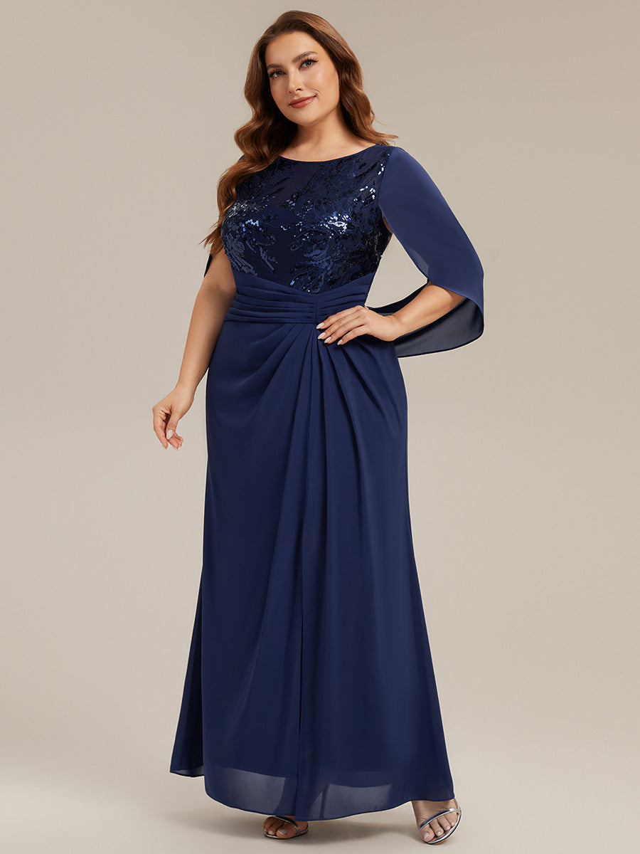 Maxi Chiffon A-Linie Kleid Mit Rundhalsausschnitt Raffung Und Durchsichtiger Cowl Neck Detail #Farbe_Marineblau