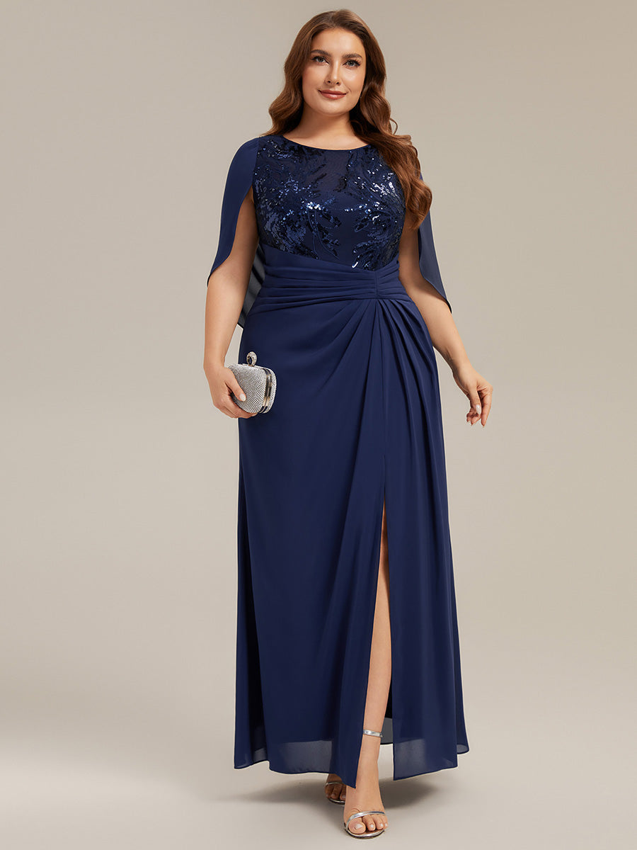 Maxi Chiffon A-Linie Kleid Mit Rundhalsausschnitt Raffung Und Durchsichtiger Cowl Neck Detail #Farbe_Marineblau