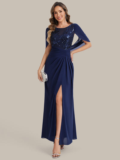 Maxi Chiffon A-Linie Kleid Mit Rundhalsausschnitt Raffung Und Durchsichtiger Cowl Neck Detail #Farbe_Marineblau