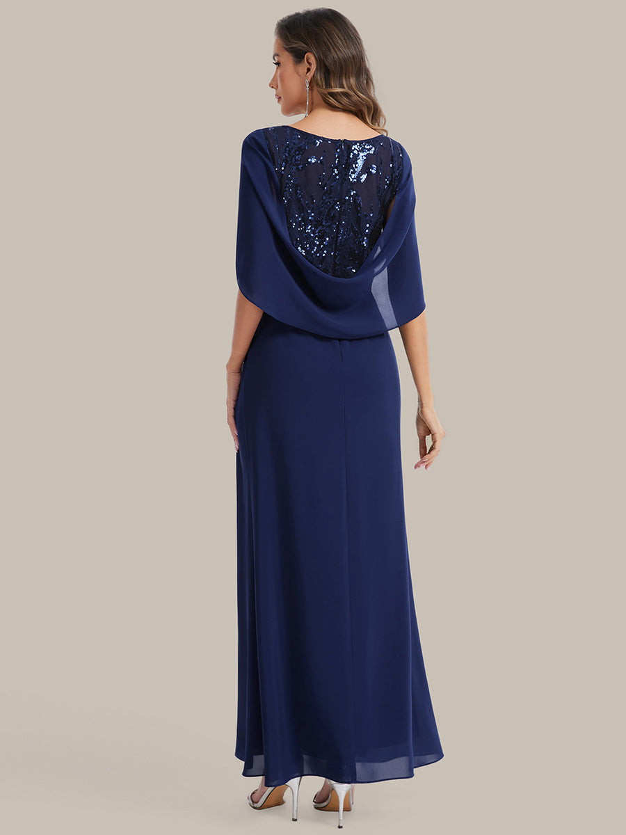 Maxi Chiffon A-Linie Kleid Mit Rundhalsausschnitt Raffung Und Durchsichtiger Cowl Neck Detail #Farbe_Marineblau