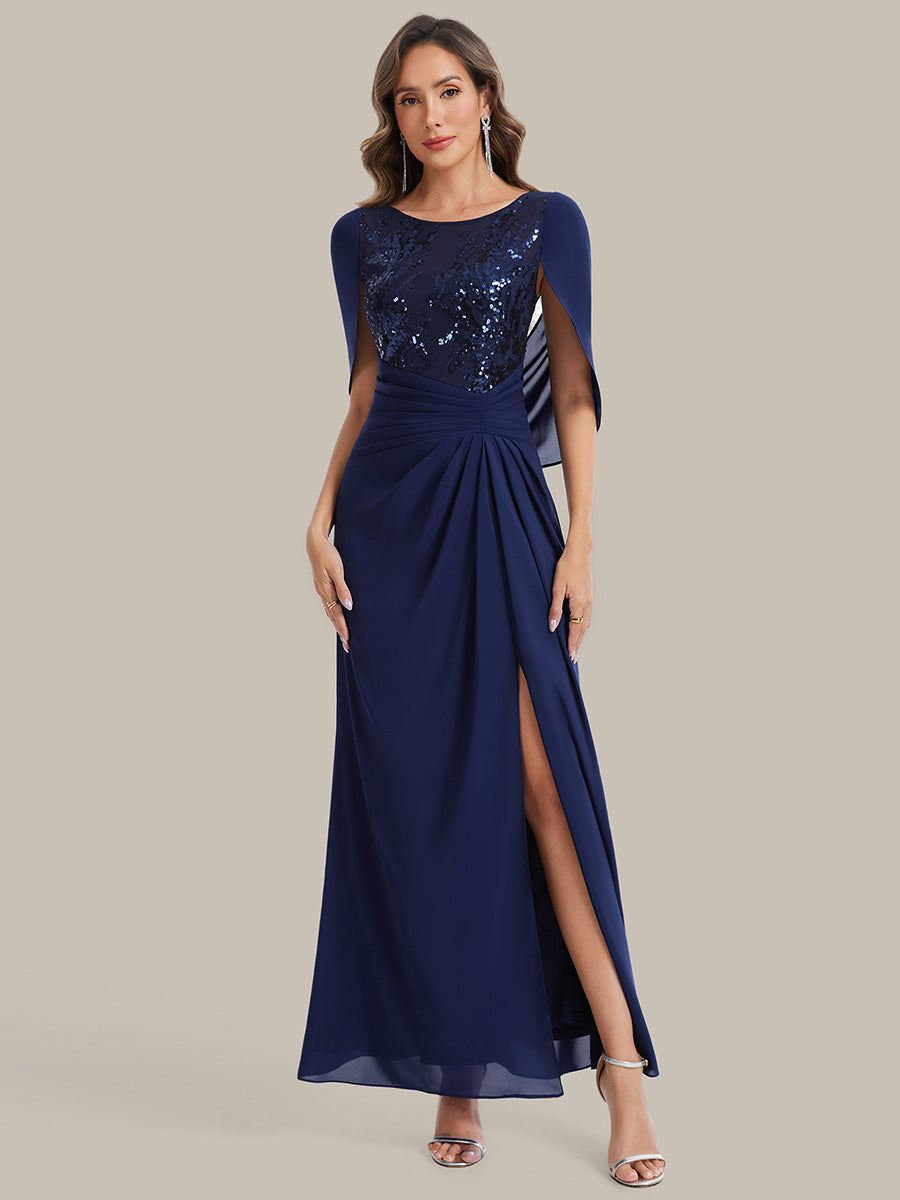 Maxi Chiffon A-Linie Kleid Mit Rundhalsausschnitt Raffung Und Durchsichtiger Cowl Neck Detail #Farbe_Marineblau