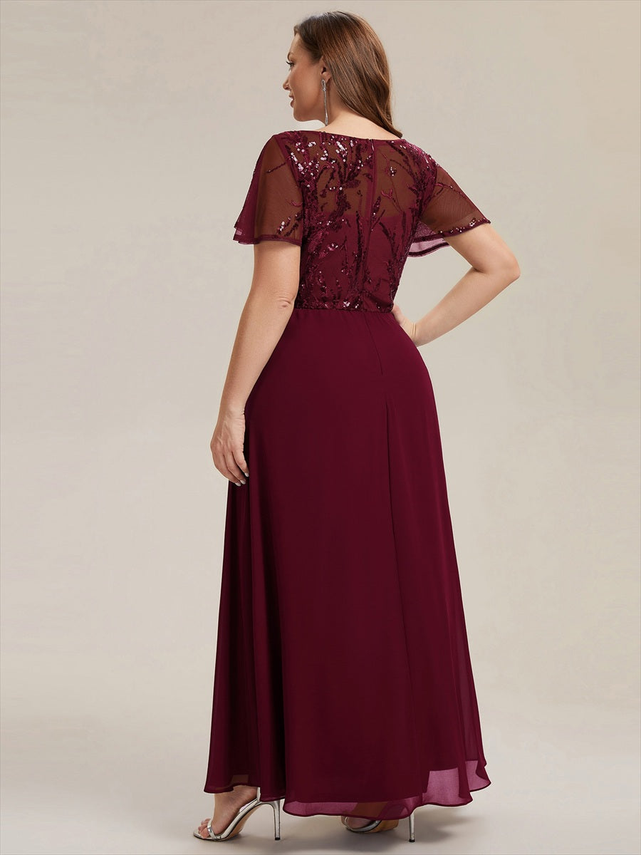 Maxi V-Ausschnitt A-Linie Pailletten Kleid Mit Tiefem V-Ausschnitt Und Applikationen Durchsichtiger Stil Kleid #Farbe_Burgunderrot