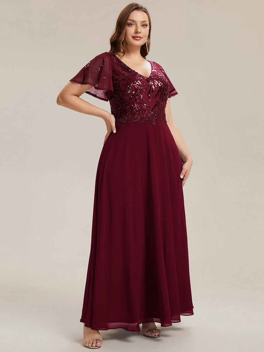 Maxi V-Ausschnitt A-Linie Pailletten Kleid Mit Tiefem V-Ausschnitt Und Applikationen Durchsichtiger Stil Kleid #Farbe_Burgunderrot