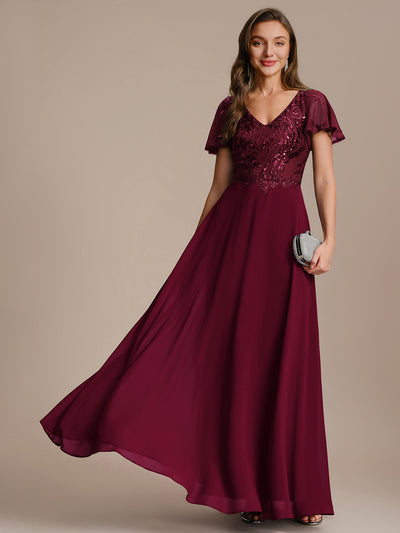 Maxi V-Ausschnitt A-Linie Pailletten Kleid Mit Tiefem V-Ausschnitt Und Applikationen Durchsichtiger Stil Kleid #Farbe_Burgunderrot