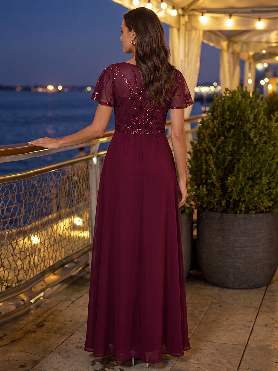 Maxi V-Ausschnitt A-Linie Pailletten Kleid Mit Tiefem V-Ausschnitt Und Applikationen Durchsichtiger Stil Kleid #Farbe_Burgunderrot