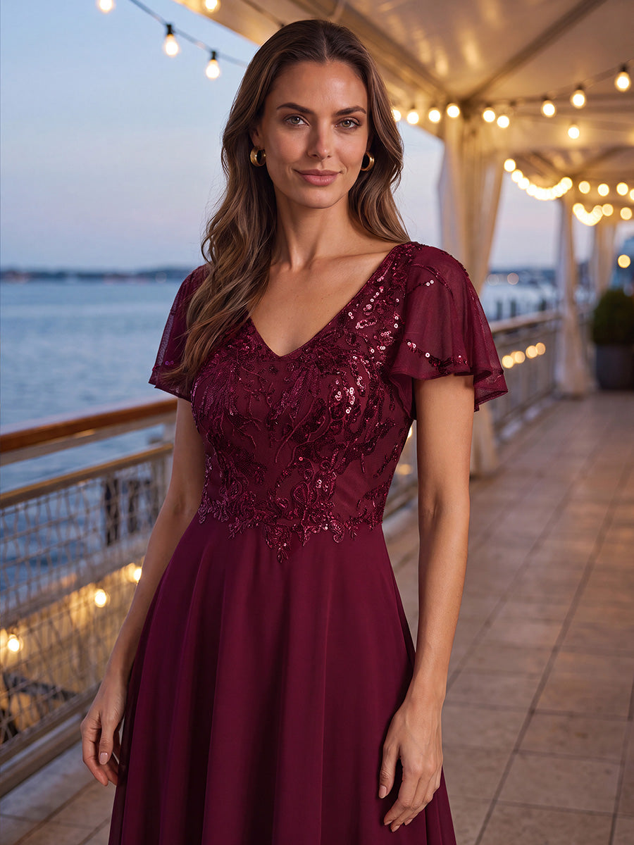 Maxi V-Ausschnitt A-Linie Pailletten Kleid Mit Tiefem V-Ausschnitt Und Applikationen Durchsichtiger Stil Kleid #Farbe_Burgunderrot