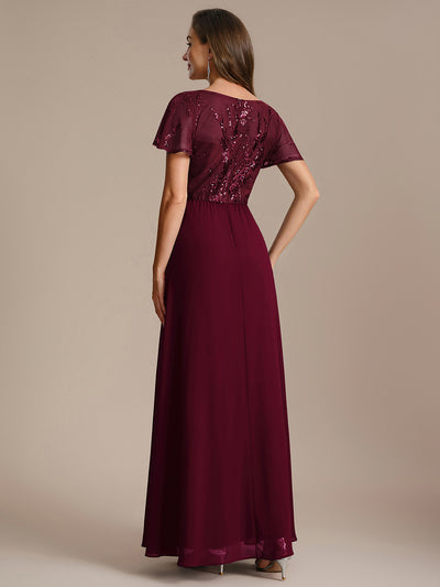 Maxi V-Ausschnitt A-Linie Pailletten Kleid Mit Tiefem V-Ausschnitt Und Applikationen Durchsichtiger Stil Kleid #Farbe_Burgunderrot