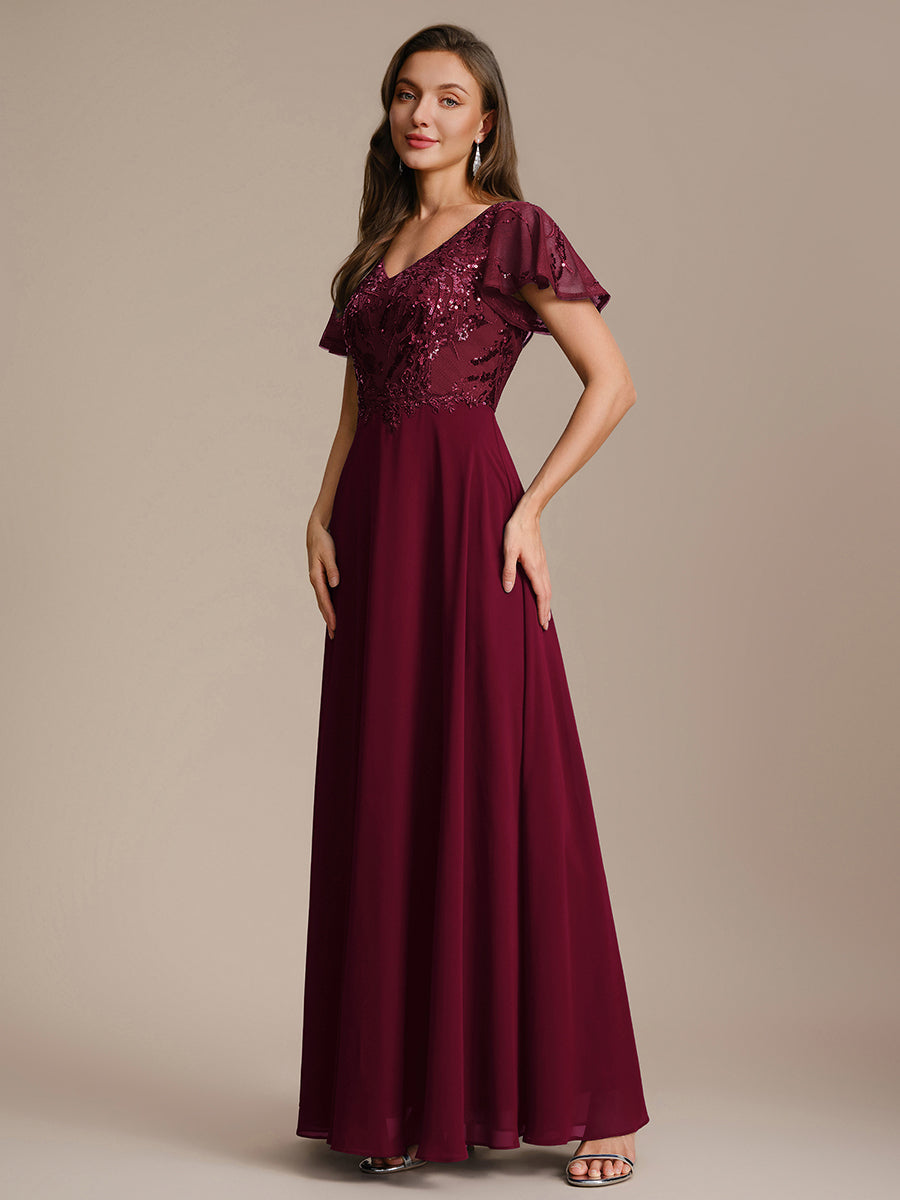 Maxi V-Ausschnitt A-Linie Pailletten Kleid Mit Tiefem V-Ausschnitt Und Applikationen Durchsichtiger Stil Kleid #Farbe_Burgunderrot
