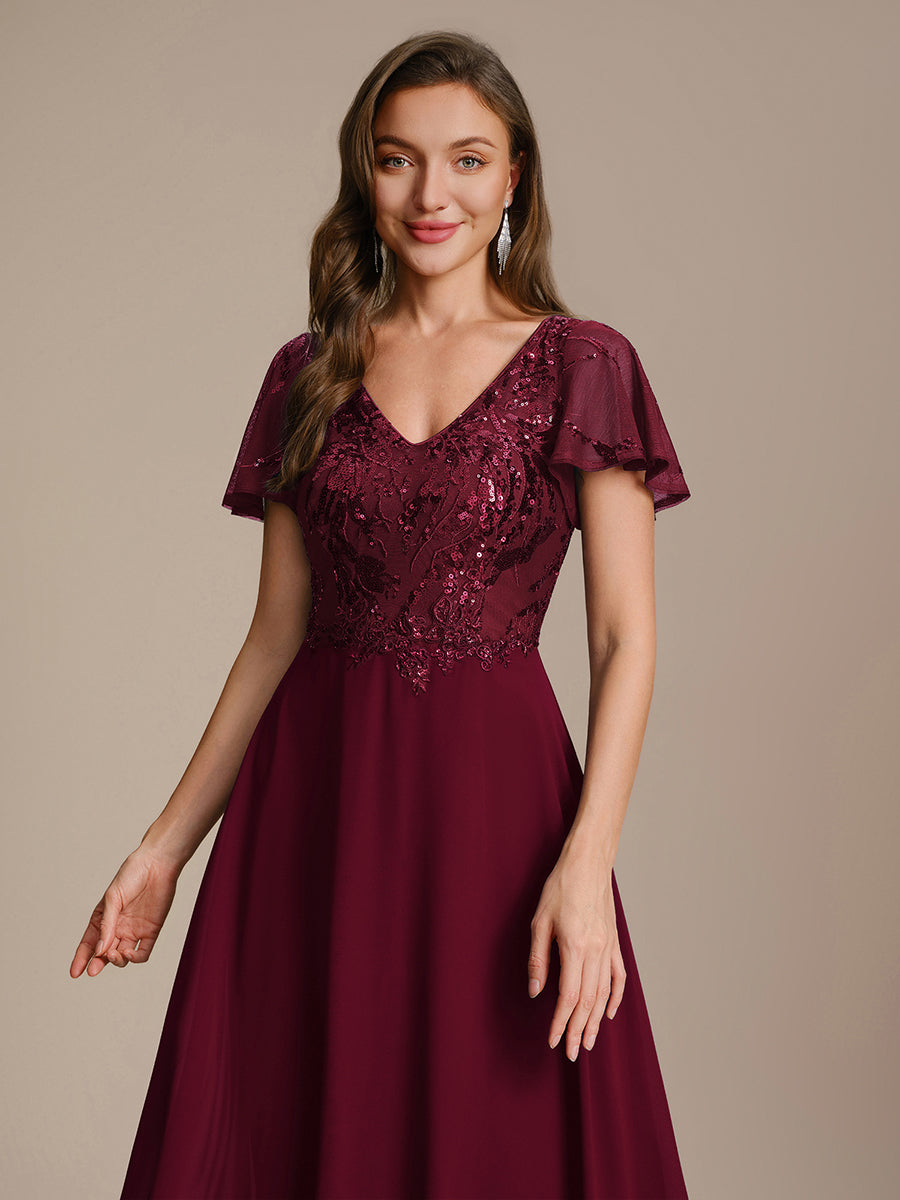 Maxi V-Ausschnitt A-Linie Pailletten Kleid Mit Tiefem V-Ausschnitt Und Applikationen Durchsichtiger Stil Kleid #Farbe_Burgunderrot