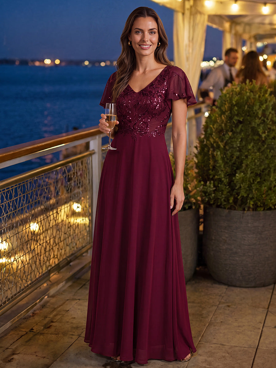Maxi V-Ausschnitt A-Linie Pailletten Kleid Mit Tiefem V-Ausschnitt Und Applikationen Durchsichtiger Stil Kleid #Farbe_Burgunderrot