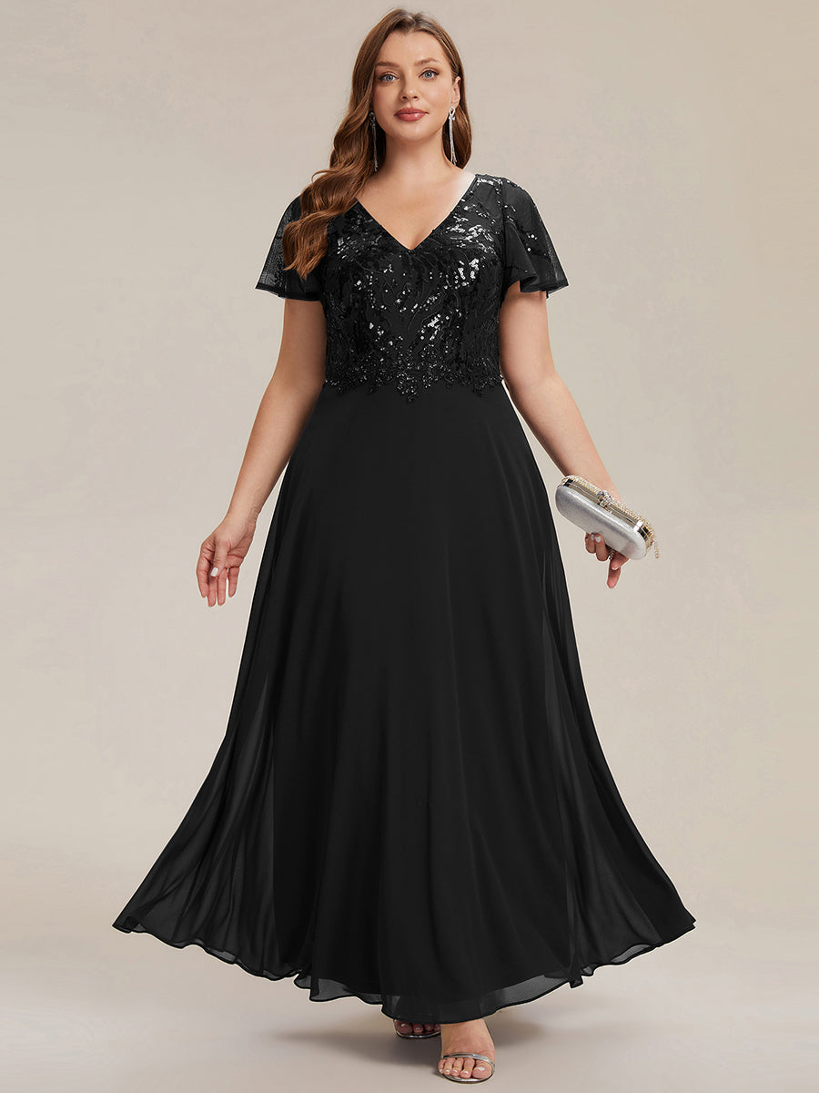 Maxi V-Ausschnitt A-Linie Pailletten Kleid Mit Tiefem V-Ausschnitt Und Applikationen Durchsichtiger Stil Kleid #Farbe_Schwarz