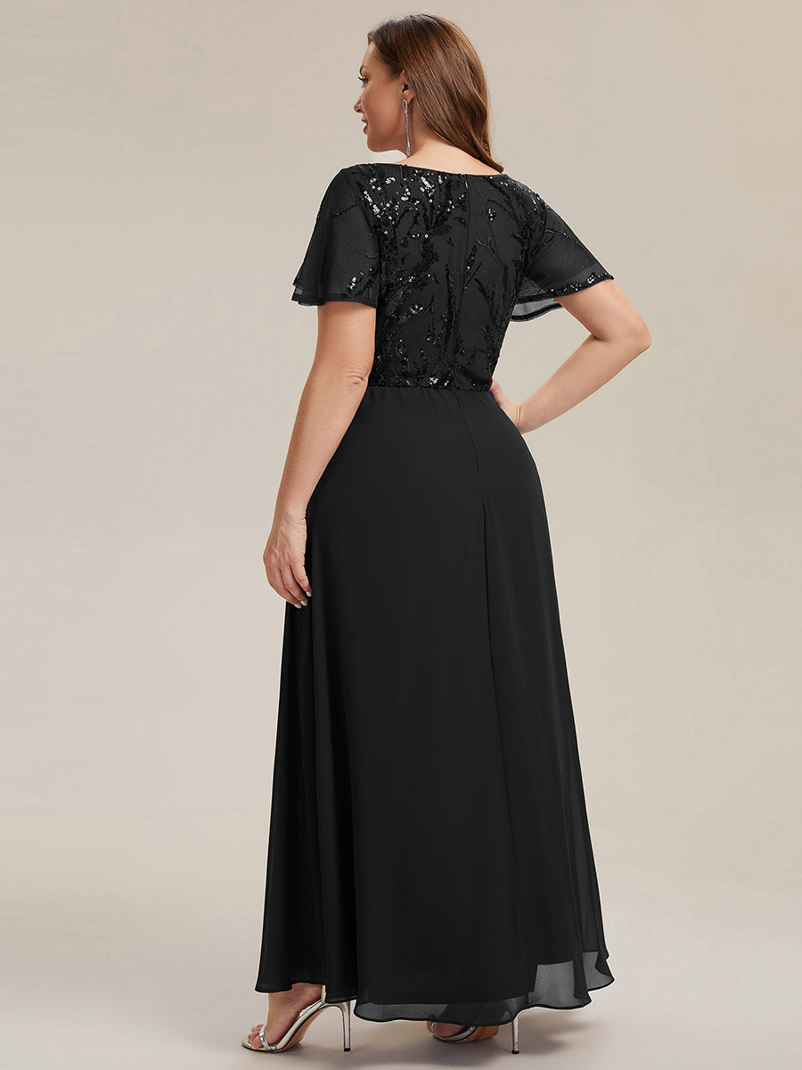 Maxi V-Ausschnitt A-Linie Pailletten Kleid Mit Tiefem V-Ausschnitt Und Applikationen Durchsichtiger Stil Kleid #Farbe_Schwarz