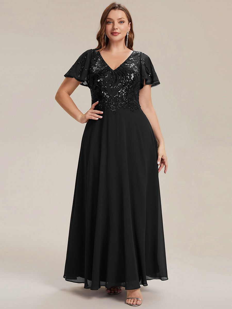 Maxi V-Ausschnitt A-Linie Pailletten Kleid Mit Tiefem V-Ausschnitt Und Applikationen Durchsichtiger Stil Kleid #Farbe_Schwarz