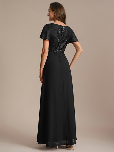 Maxi V-Ausschnitt A-Linie Pailletten Kleid Mit Tiefem V-Ausschnitt Und Applikationen Durchsichtiger Stil Kleid #Farbe_Schwarz