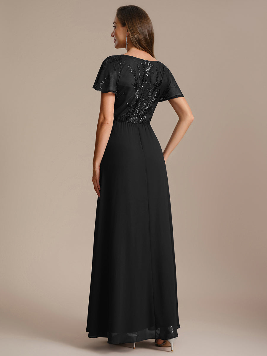 Maxi V-Ausschnitt A-Linie Pailletten Kleid Mit Tiefem V-Ausschnitt Und Applikationen Durchsichtiger Stil Kleid #Farbe_Schwarz