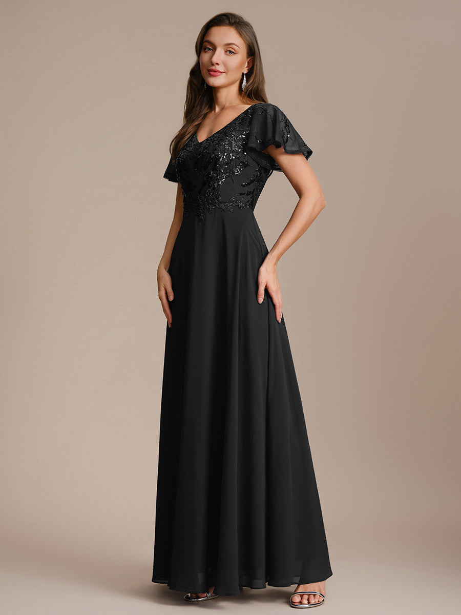 Maxi V-Ausschnitt A-Linie Pailletten Kleid Mit Tiefem V-Ausschnitt Und Applikationen Durchsichtiger Stil Kleid #Farbe_Schwarz