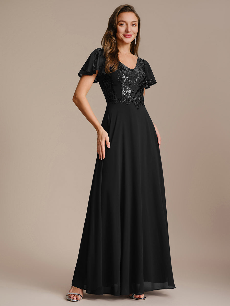 Maxi V-Ausschnitt A-Linie Pailletten Kleid Mit Tiefem V-Ausschnitt Und Applikationen Durchsichtiger Stil Kleid #Farbe_Schwarz